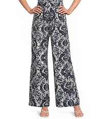 Calessa Coordinating Antique Mosaic Print Pull-On Wide-Leg Pants