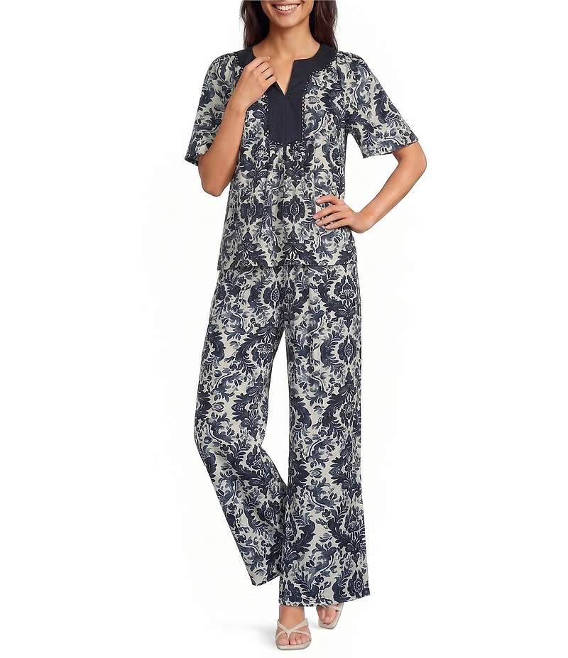 Calessa Coordinating Antique Mosaic Print Pull-On Wide-Leg Pants