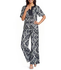 Calessa Coordinating Antique Mosaic Print Pull-On Wide-Leg Pants