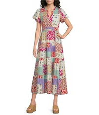 Calessa Antique Mosaic Split V-Neck Elbow Puff Sleeve Tiered A-Line Midi Dress