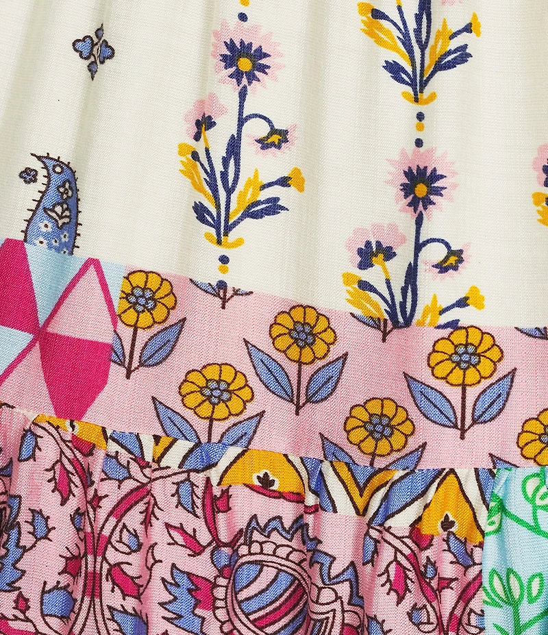 Calessa Antique Mosaic Split V-Neck Elbow Puff Sleeve Tiered A-Line Midi Dress