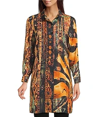 Calessa Antique Patchwork Point Collar Long Roll-Tab Sleeve Button Front Duster Tunic