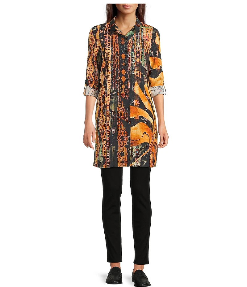 Calessa Antique Patchwork Point Collar Long Roll-Tab Sleeve Button Front Duster Tunic