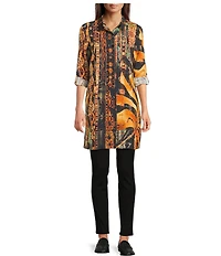 Calessa Antique Patchwork Point Collar Long Roll-Tab Sleeve Button Front Duster Tunic