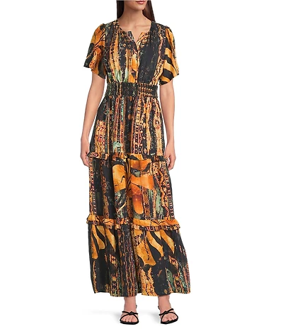 Calessa Autumn Floral V-Neck Cap Flutter Sleeves Tiered Smocked Belt Maxi Dress