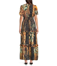 Calessa Autumn Floral V-Neck Cap Flutter Sleeves Tiered Smocked Belt Maxi Dress