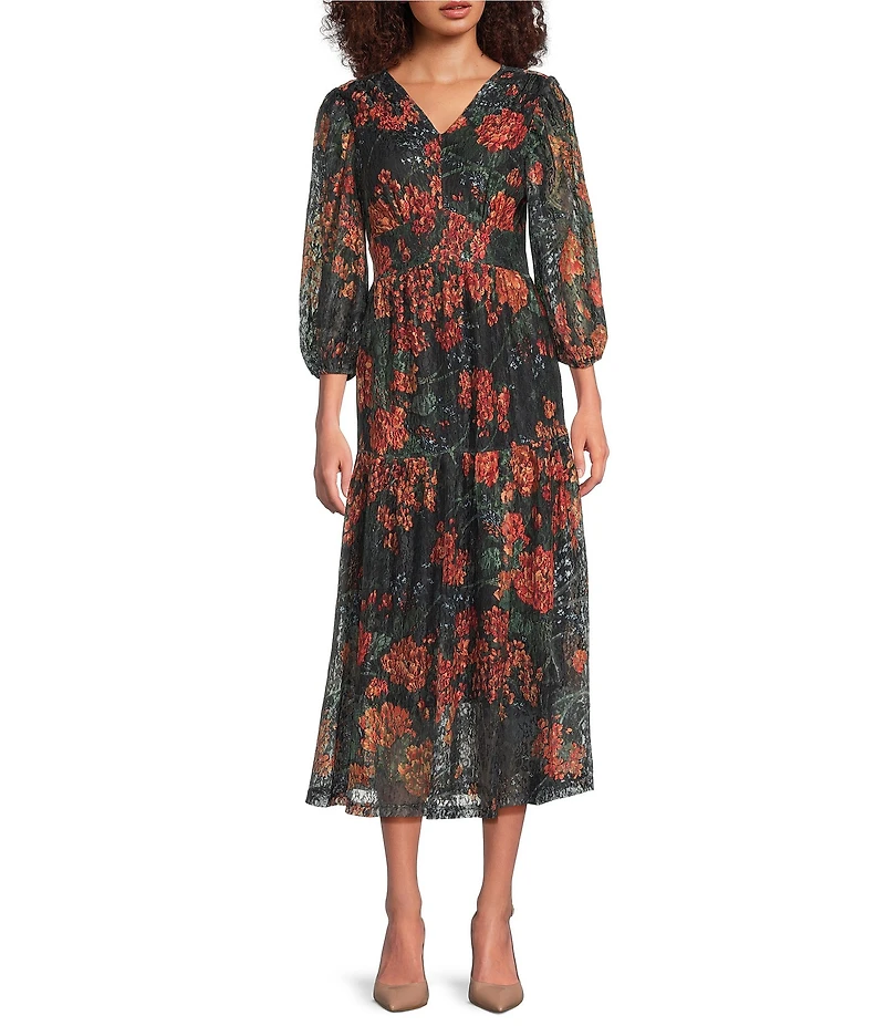 Calessa Autumn Floral V-Neck 3/4 Sleeve Smocked Waist Tiered A-Line Midi Dress