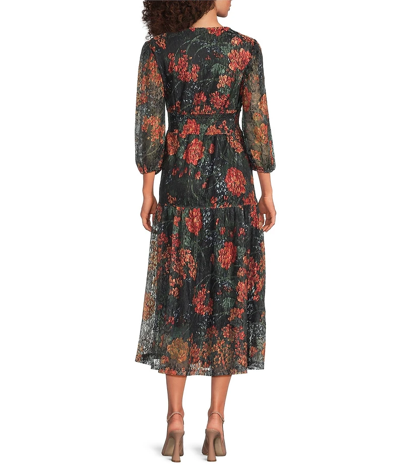 Calessa Autumn Floral V-Neck 3/4 Sleeve Smocked Waist Tiered A-Line Midi Dress
