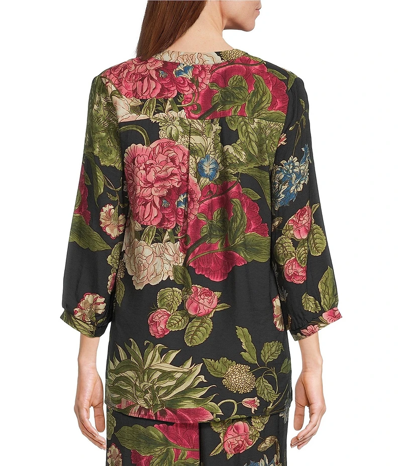 Calessa Autumn Garden Banded Split V-Neck 3/4 Sleeve Coordinating Tunic