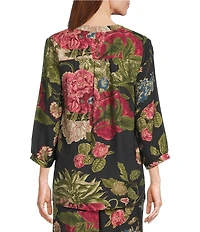 Calessa Autumn Garden Banded Split V-Neck 3/4 Sleeve Coordinating Tunic