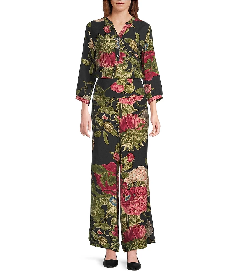 Calessa Autumn Garden Banded Split V-Neck 3/4 Sleeve Coordinating Tunic