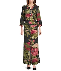 Calessa Autumn Garden Banded Split V-Neck 3/4 Sleeve Coordinating Tunic