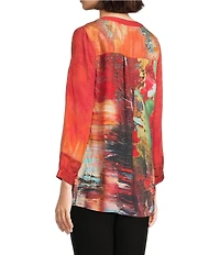 Calessa Autumn Patchwork Button Detail Split V-Neck 3/4 Sleeve Tunic