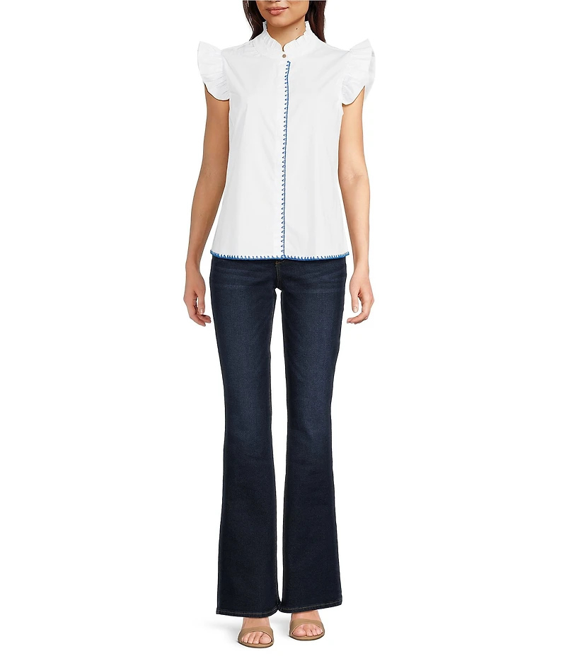 Calessa Banded Collar Ruffle Cap Sleeve Embroidered Contrast Trim Top