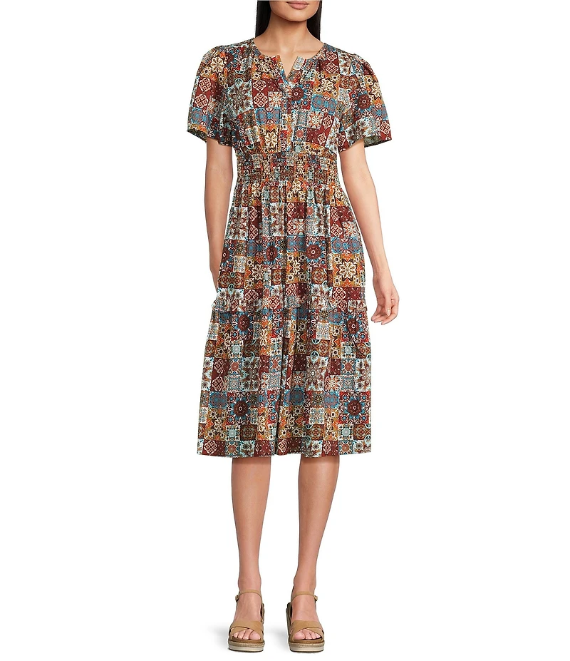 Calessa Blue Multi Patchwork Split V-Neck Flutter Cap Sleeve Tiered A-Line Midi Dress