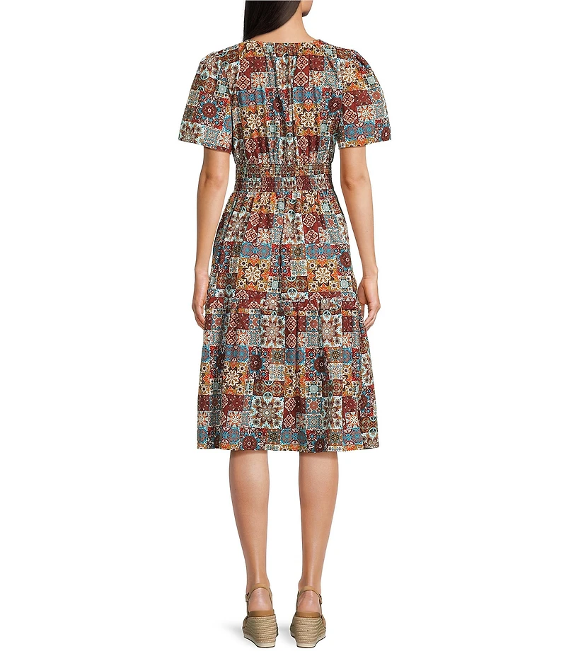 Calessa Blue Multi Patchwork Split V-Neck Flutter Cap Sleeve Tiered A-Line Midi Dress