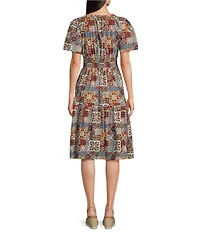 Calessa Blue Multi Patchwork Split V-Neck Flutter Cap Sleeve Tiered A-Line Midi Dress