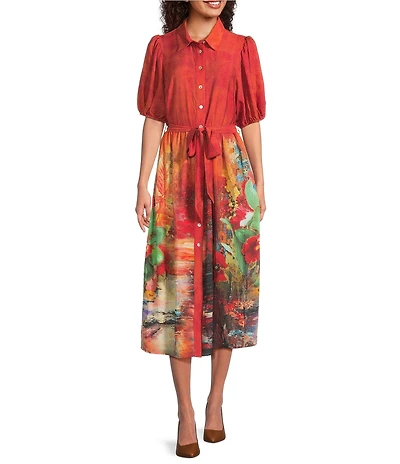 Calessa Border Fall Print Point Collar Short Sleeve Midi Shirt Dress