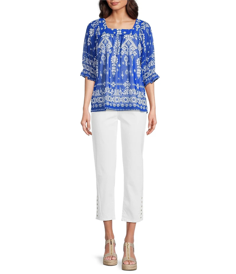 Calessa Border Mesh Knit Printed Square Neck Elbow Sleeve Tunic