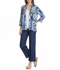 Calessa Burnout Dip Dye Draped Collar Wrist Length Sleeve Open Front Cardigan