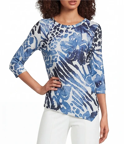Calessa Burnout Dip Dyed Crew Neck 3/4 Sleeve Asymmetric Tunic