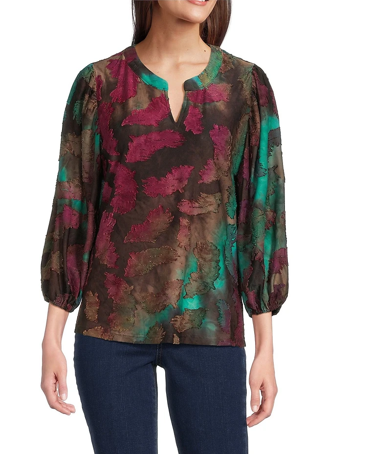 Calessa Burnout Knit Tie-Dye Band Collar Long Balloon Sleeve Shirttail Hem Tunic