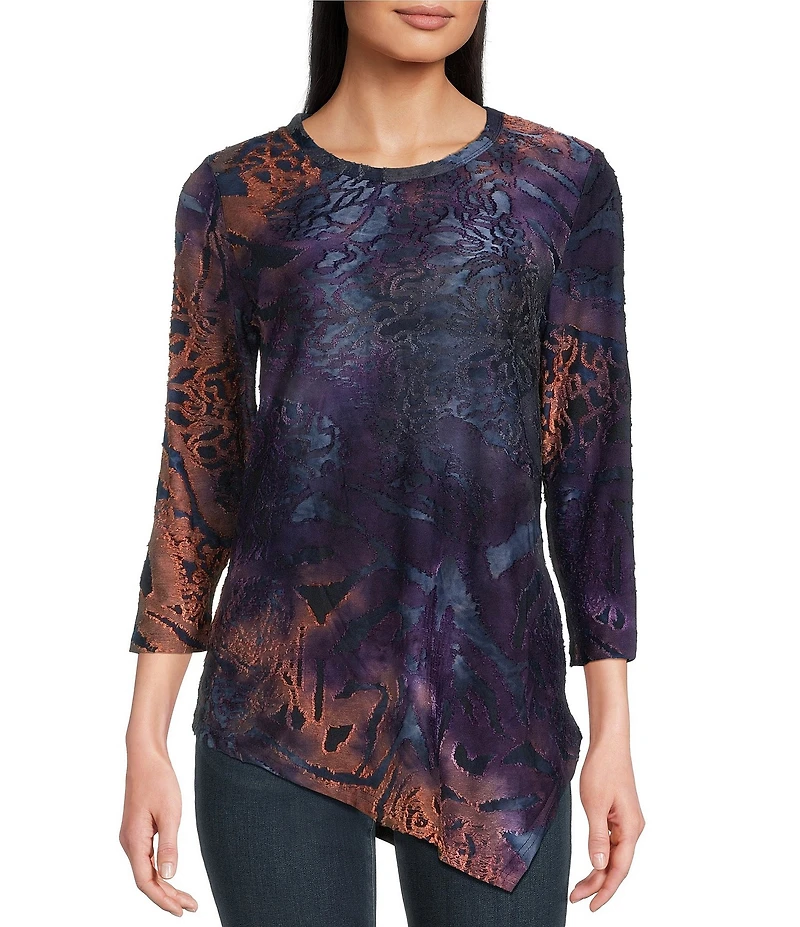 Calessa Burnout Knit Tie-Dye Crew Neck 3/4 Sleeve Asymmetric Hem Tunic