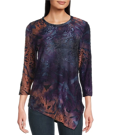 Calessa Burnout Knit Tie-Dye Crew Neck 3/4 Sleeve Asymmetric Hem Tunic