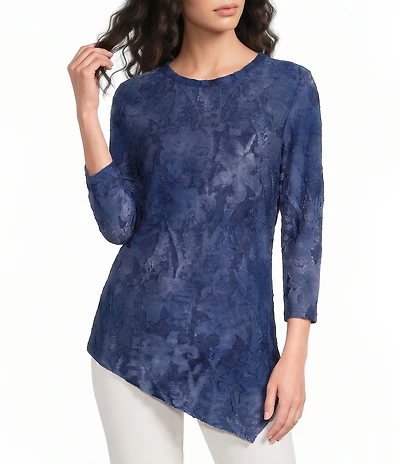 Calessa Burnout Knit Tie-Dye Crew Neck 3/4 Sleeve Asymmetrical Hem Top