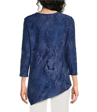 Calessa Burnout Knit Tie-Dye Crew Neck 3/4 Sleeve Asymmetrical Hem Top