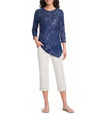 Calessa Burnout Knit Tie-Dye Crew Neck 3/4 Sleeve Asymmetrical Hem Top