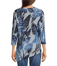 Calessa Burnout Knit Tie-Dye Crew Neck 3/4 Sleeve Asymmetrical Hem Tunic