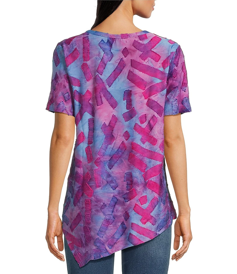 Calessa Burnout Knit Tie-Dye Round Neck Short Sleeve Asymmetric Hem Tunic