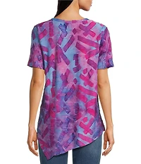 Calessa Burnout Knit Tie-Dye Round Neck Short Sleeve Asymmetric Hem Tunic