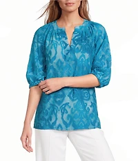 Calessa Burnout Tie-Dye Banded Split Neck Elbow Length Balloon Sleeve Top