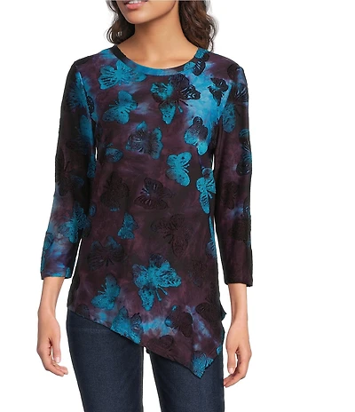 Calessa Burnout Tie-Dye Butterfly Knit Crew Neck Long Sleeve Asymmetric Dipped Hem Tunic