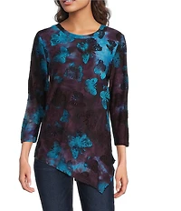 Calessa Burnout Tie-Dye Butterfly Knit Crew Neck Long Sleeve Asymmetric Dipped Hem Tunic