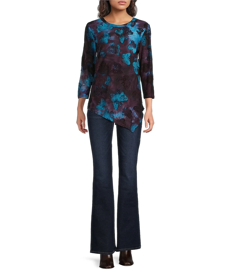Calessa Burnout Tie-Dye Butterfly Knit Crew Neck Long Sleeve Asymmetric Dipped Hem Tunic