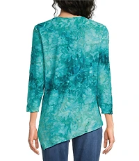 Calessa Burnout Floral Tie-Dye Crew Neck 3/4 Sleeve Asymmetric Hem Tunic