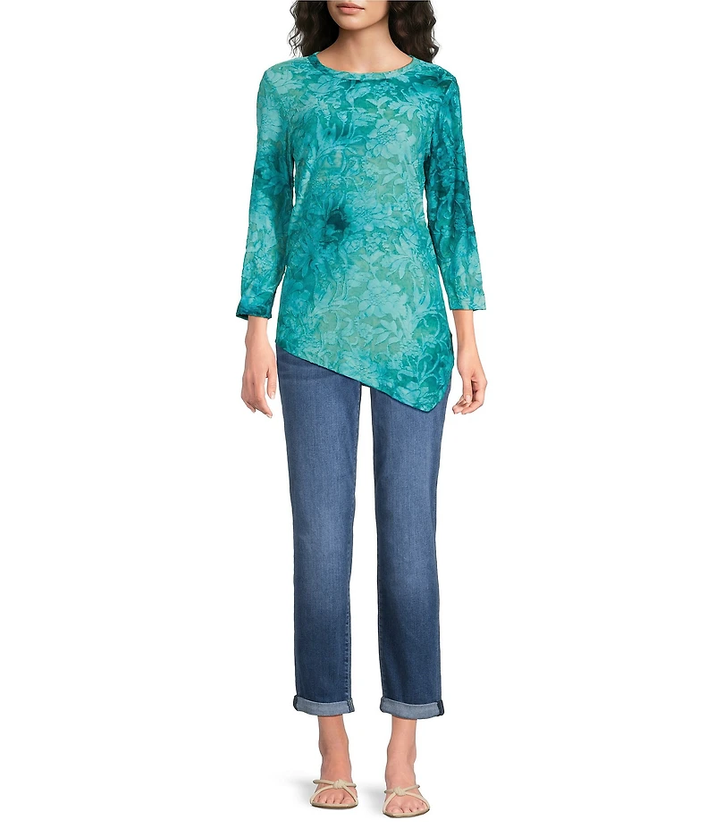 Calessa Burnout Floral Tie-Dye Crew Neck 3/4 Sleeve Asymmetric Hem Tunic