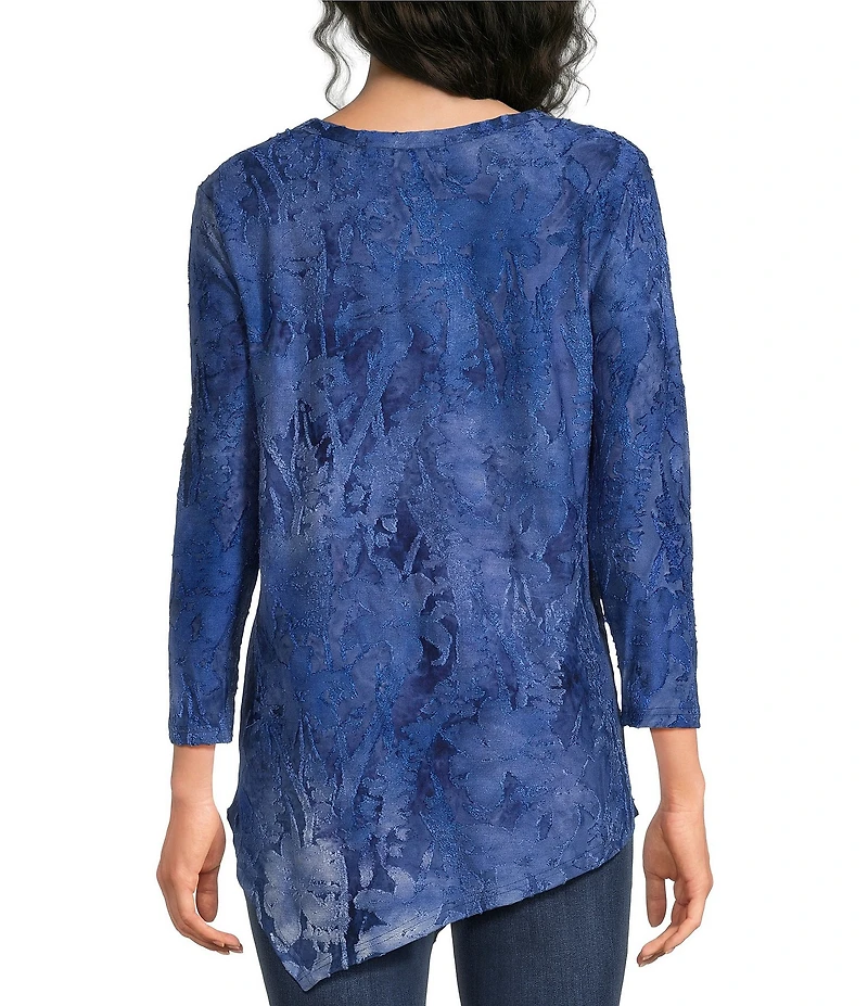 Calessa Burnout Indigo Tie-Dye Crew Neck 3/4 Sleeve Asymmetric Hem Tunic
