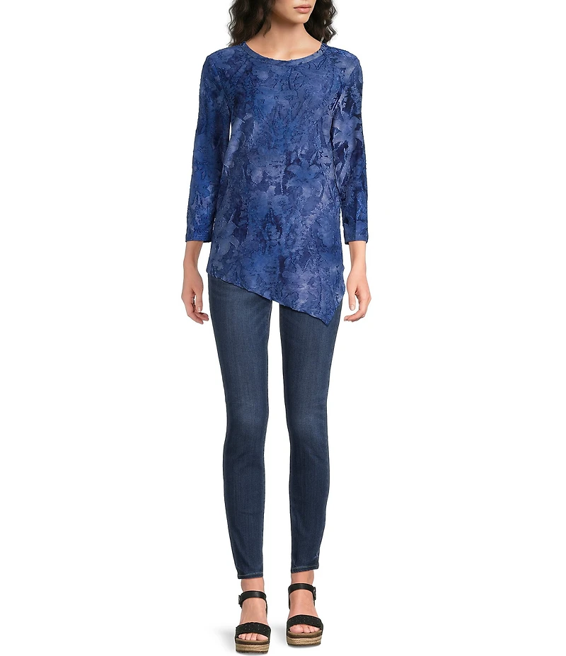 Calessa Burnout Indigo Tie-Dye Crew Neck 3/4 Sleeve Asymmetric Hem Tunic