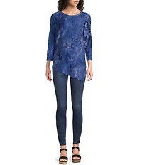 Calessa Burnout Indigo Tie-Dye Crew Neck 3/4 Sleeve Asymmetric Hem Tunic