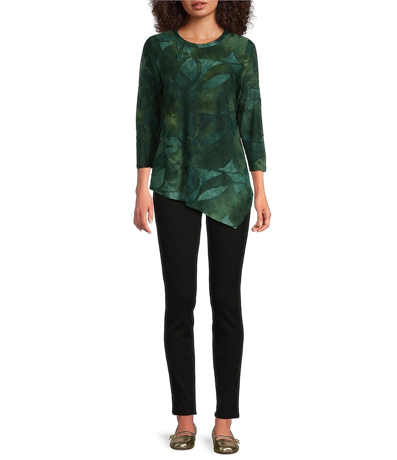 Calessa Burnout Tie-Dye Crew Neck 3/4 Sleeve Asymmetric Hem Tunic