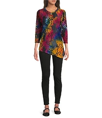 Calessa Burnout Cobalt Multi Tie-Dye Crew Neck 3/4 Sleeve Asymmetric Hem Tunic