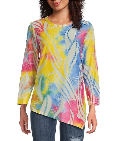 Calessa Burnout Tie Dye Crew Neck 3/4 Sleeve Asymmetric Hem Tunic