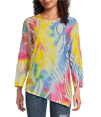 Calessa Burnout Tie Dye Crew Neck 3/4 Sleeve Asymmetric Hem Tunic