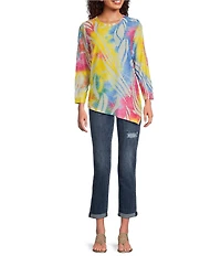 Calessa Burnout Tie Dye Crew Neck 3/4 Sleeve Asymmetric Hem Tunic