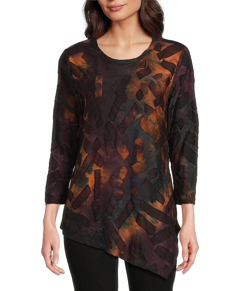 Calessa Burnout Tie-Dye Crew Neck 3/4 Sleeve Asymmetric Tunic
