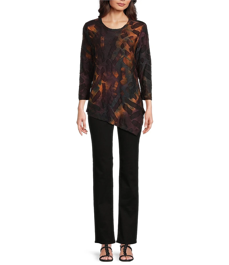 Calessa Burnout Tie-Dye Crew Neck 3/4 Sleeve Asymmetric Tunic